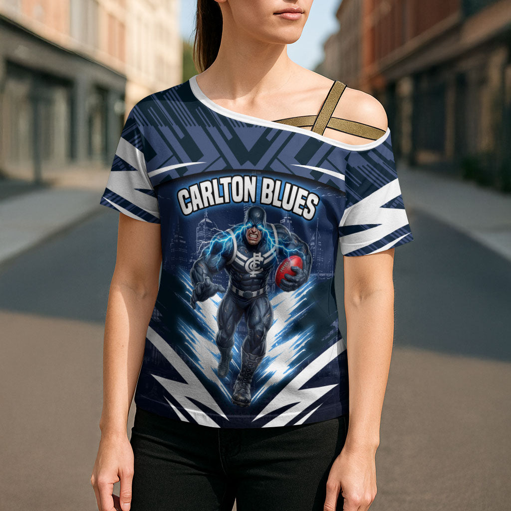 Personalised Carlton Blues Football Cross Shoulder Shirt Superhero Comic Art Dark Geometric City