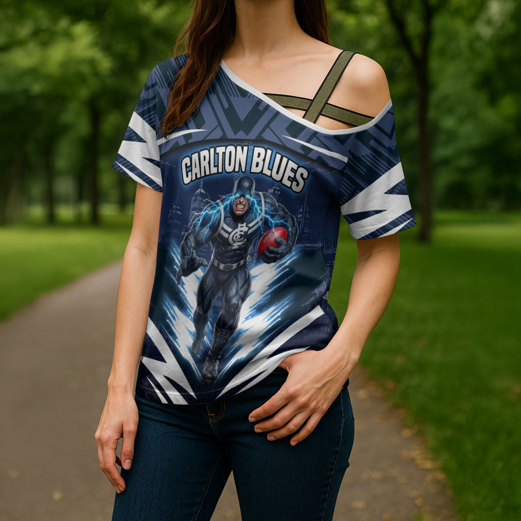 Personalised Carlton Blues Football Cross Shoulder Shirt Superhero Comic Art Dark Geometric City