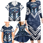 Personalised Carlton Blues Football Family Matching Long Sleeve Bodycon Dress and Hawaiian Shirt Superhero Comic Art Dark Geometric City