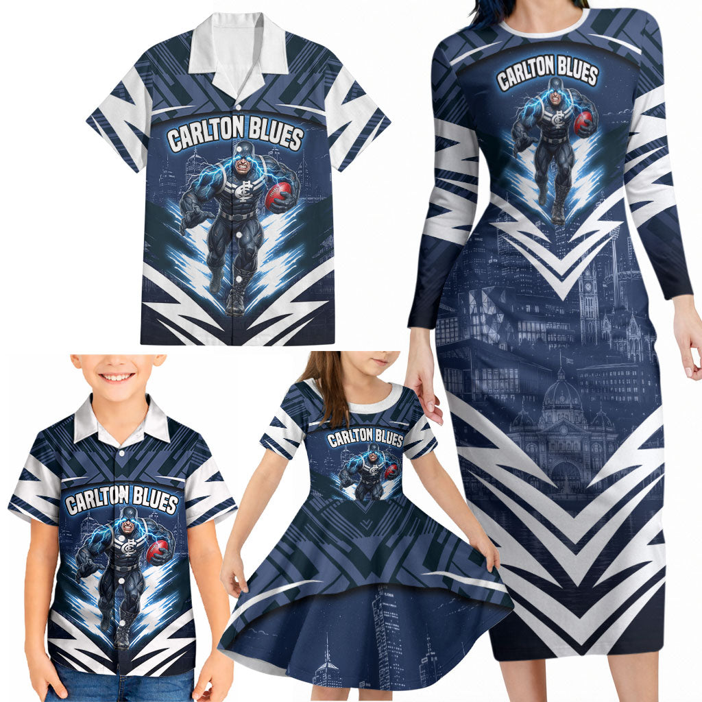 Personalised Carlton Blues Football Family Matching Long Sleeve Bodycon Dress and Hawaiian Shirt Superhero Comic Art Dark Geometric City