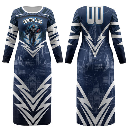 Personalised Carlton Blues Football Family Matching Long Sleeve Bodycon Dress and Hawaiian Shirt Superhero Comic Art Dark Geometric City