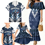 Personalised Carlton Blues Football Family Matching Mermaid Dress and Hawaiian Shirt Superhero Comic Art Dark Geometric City