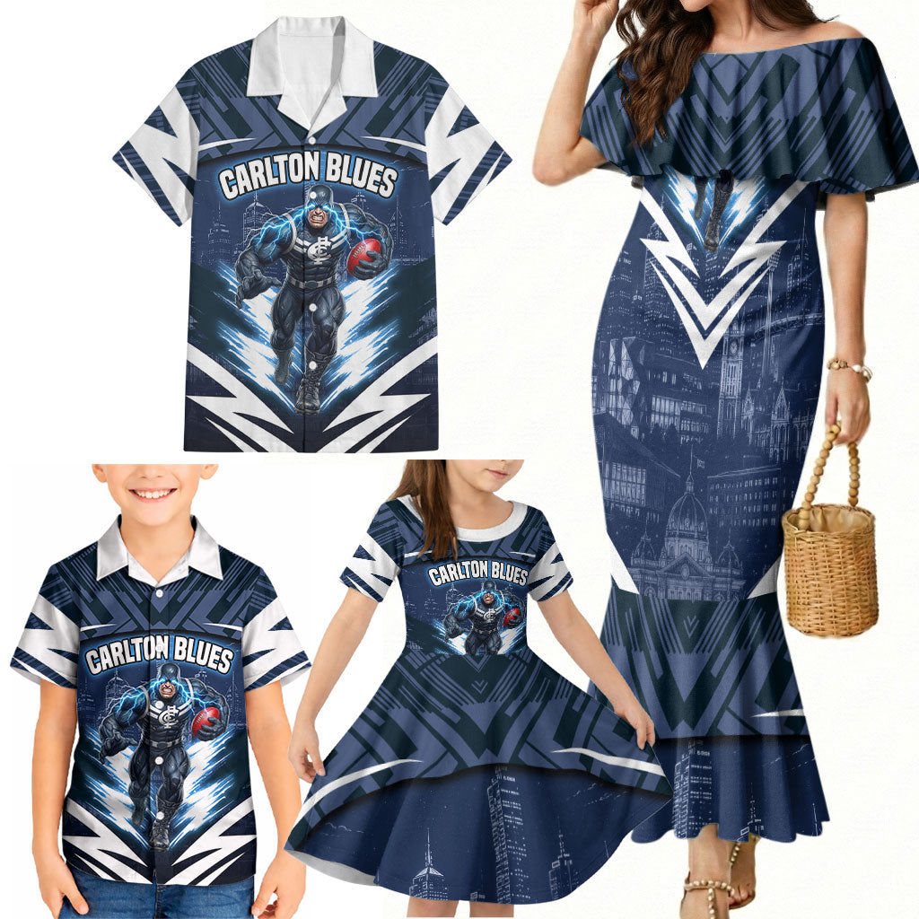 Personalised Carlton Blues Football Family Matching Mermaid Dress and Hawaiian Shirt Superhero Comic Art Dark Geometric City