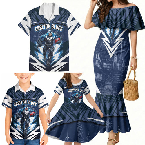 Personalised Carlton Blues Football Family Matching Mermaid Dress and Hawaiian Shirt Superhero Comic Art Dark Geometric City