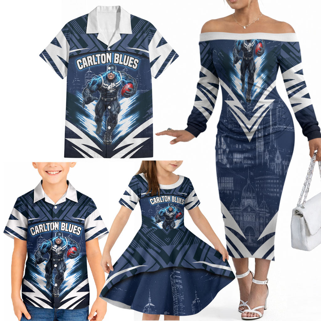 Personalised Carlton Blues Football Family Matching Off The Shoulder Long Sleeve Dress and Hawaiian Shirt Superhero Comic Art Dark Geometric City