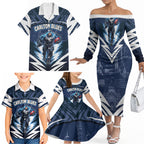 Personalised Carlton Blues Football Family Matching Off The Shoulder Long Sleeve Dress and Hawaiian Shirt Superhero Comic Art Dark Geometric City