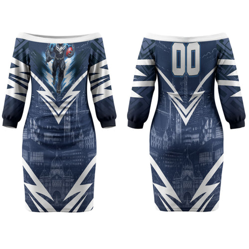 Personalised Carlton Blues Football Family Matching Off The Shoulder Long Sleeve Dress and Hawaiian Shirt Superhero Comic Art Dark Geometric City