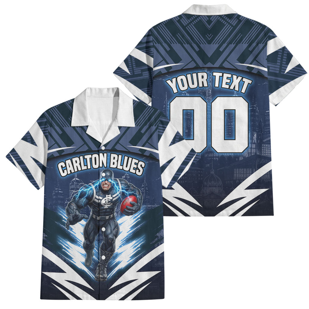 Personalised Carlton Blues Football Family Matching Off The Shoulder Long Sleeve Dress and Hawaiian Shirt Superhero Comic Art Dark Geometric City