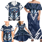 Personalised Carlton Blues Football Family Matching Off Shoulder Maxi Dress and Hawaiian Shirt Superhero Comic Art Dark Geometric City