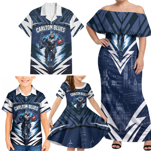 Personalised Carlton Blues Football Family Matching Off Shoulder Maxi Dress and Hawaiian Shirt Superhero Comic Art Dark Geometric City