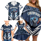 Personalised Carlton Blues Football Family Matching Off Shoulder Short Dress and Hawaiian Shirt Superhero Comic Art Dark Geometric City