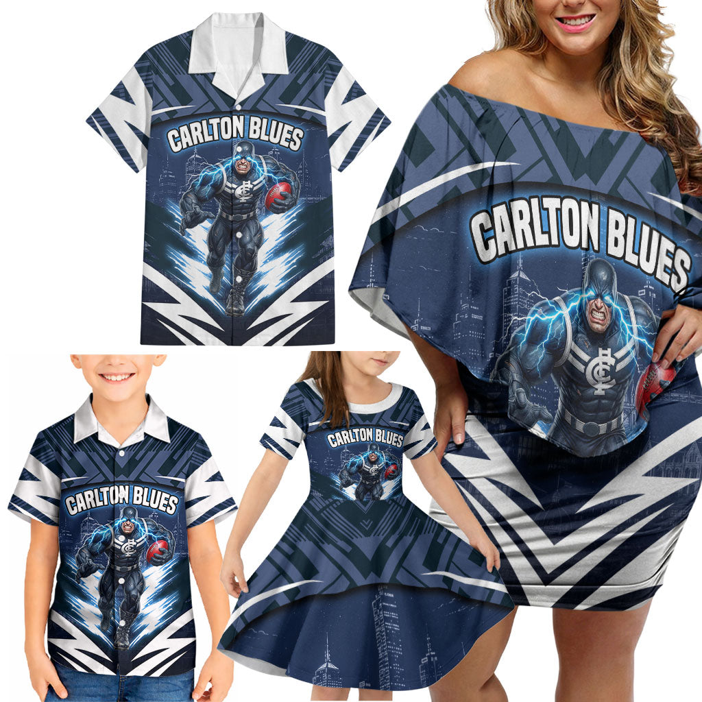 Personalised Carlton Blues Football Family Matching Off Shoulder Short Dress and Hawaiian Shirt Superhero Comic Art Dark Geometric City