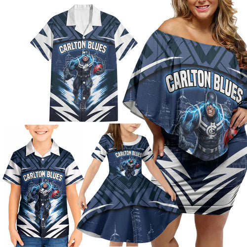 Personalised Carlton Blues Football Family Matching Off Shoulder Short Dress and Hawaiian Shirt Superhero Comic Art Dark Geometric City