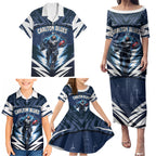 Personalised Carlton Blues Football Family Matching Puletasi and Hawaiian Shirt Superhero Comic Art Dark Geometric City