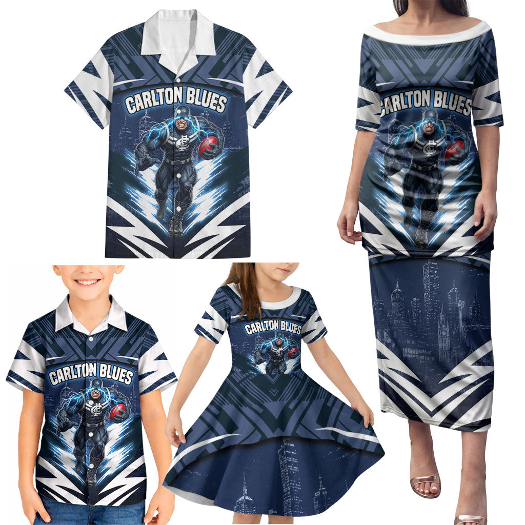 Personalised Carlton Blues Football Family Matching Puletasi and Hawaiian Shirt Superhero Comic Art Dark Geometric City