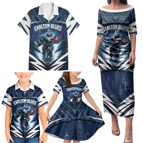 Personalised Carlton Blues Football Family Matching Puletasi and Hawaiian Shirt Superhero Comic Art Dark Geometric City