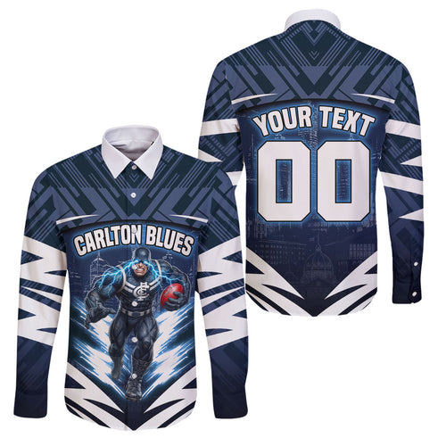 Personalised Carlton Blues Football Family Matching Puletasi and Hawaiian Shirt Superhero Comic Art Dark Geometric City