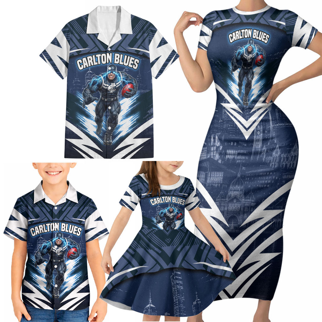 Personalised Carlton Blues Football Family Matching Short Sleeve Bodycon Dress and Hawaiian Shirt Superhero Comic Art Dark Geometric City