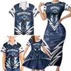 Personalised Carlton Blues Football Family Matching Short Sleeve Bodycon Dress and Hawaiian Shirt Superhero Comic Art Dark Geometric City