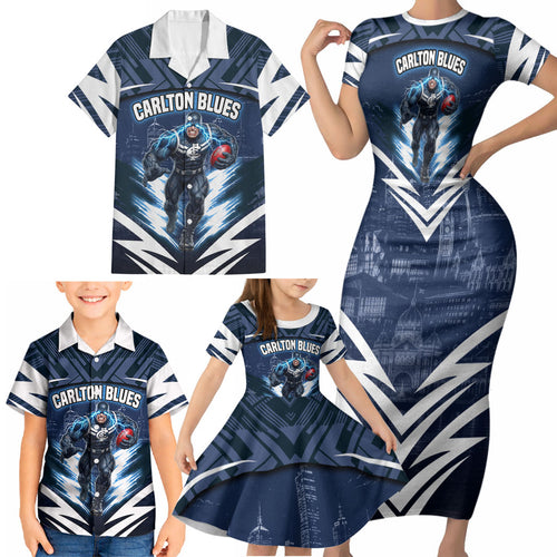 Personalised Carlton Blues Football Family Matching Short Sleeve Bodycon Dress and Hawaiian Shirt Superhero Comic Art Dark Geometric City