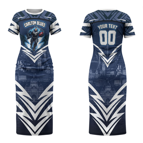 Personalised Carlton Blues Football Family Matching Short Sleeve Bodycon Dress and Hawaiian Shirt Superhero Comic Art Dark Geometric City