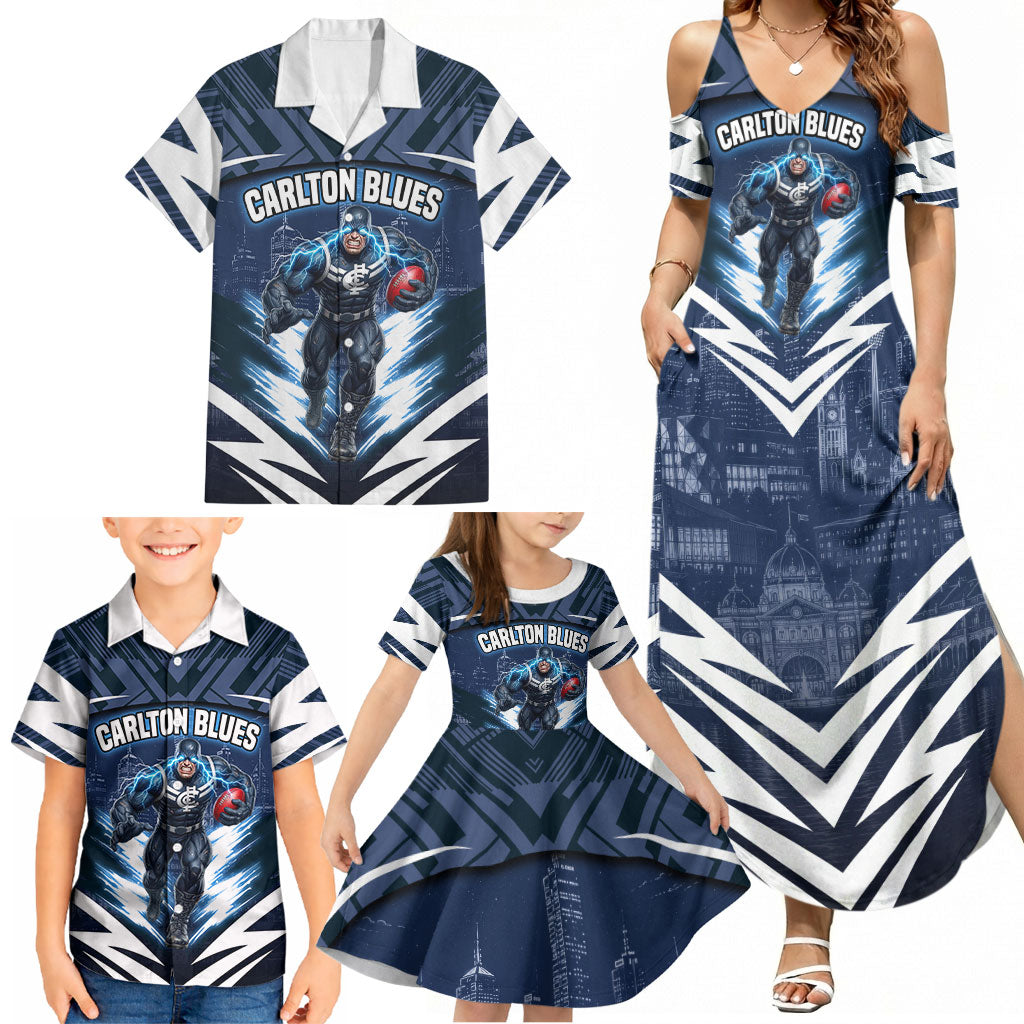 Personalised Carlton Blues Football Family Matching Summer Maxi Dress and Hawaiian Shirt Superhero Comic Art Dark Geometric City