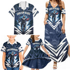 Personalised Carlton Blues Football Family Matching Summer Maxi Dress and Hawaiian Shirt Superhero Comic Art Dark Geometric City
