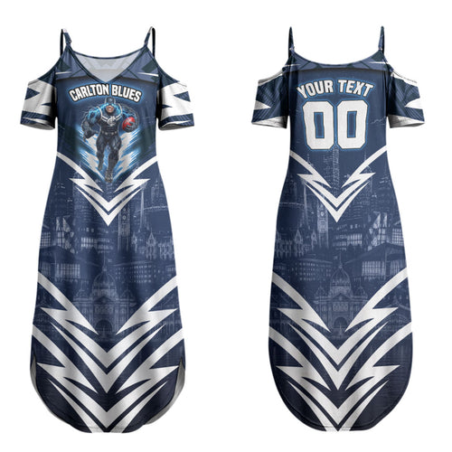 Personalised Carlton Blues Football Family Matching Summer Maxi Dress and Hawaiian Shirt Superhero Comic Art Dark Geometric City