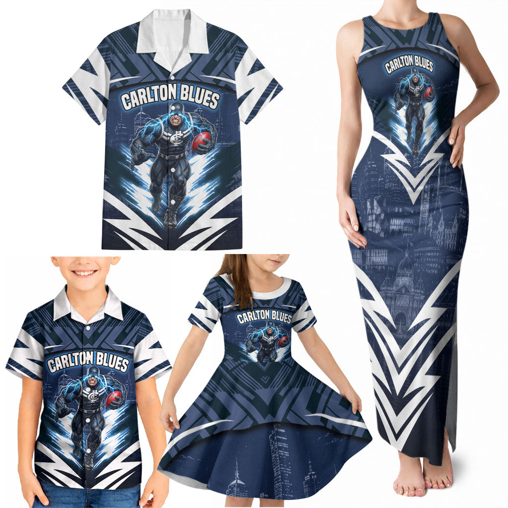 Personalised Carlton Blues Football Family Matching Tank Maxi Dress and Hawaiian Shirt Superhero Comic Art Dark Geometric City