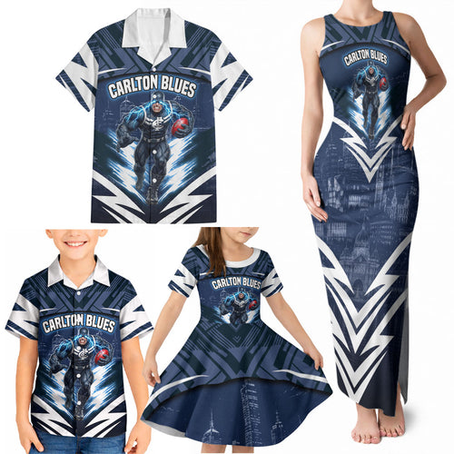 Personalised Carlton Blues Football Family Matching Tank Maxi Dress and Hawaiian Shirt Superhero Comic Art Dark Geometric City