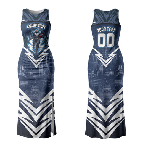 Personalised Carlton Blues Football Family Matching Tank Maxi Dress and Hawaiian Shirt Superhero Comic Art Dark Geometric City