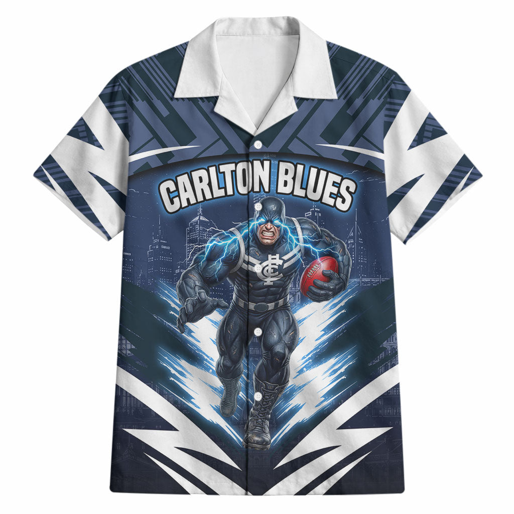 Personalised Carlton Blues Football Hawaiian Shirt Superhero Comic Art Dark Geometric City