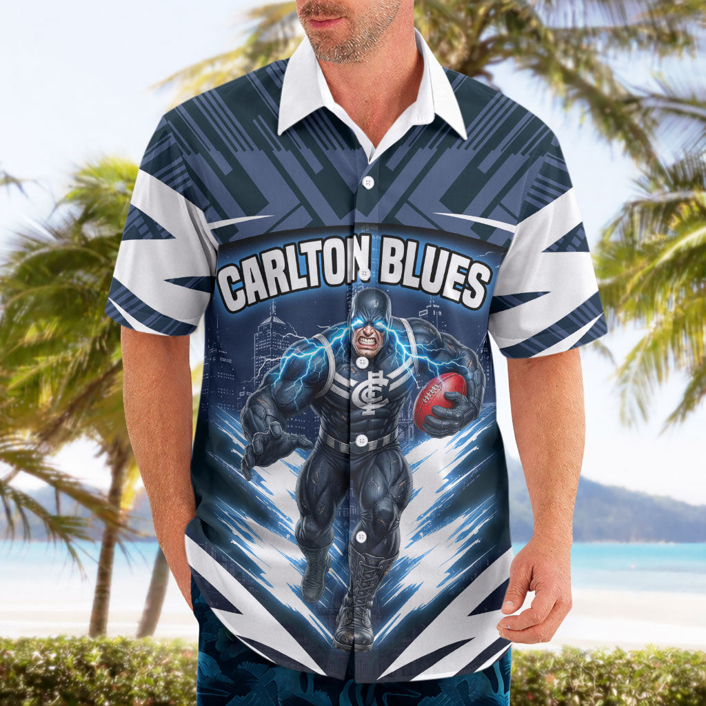 Personalised Carlton Blues Football Hawaiian Shirt Superhero Comic Art Dark Geometric City