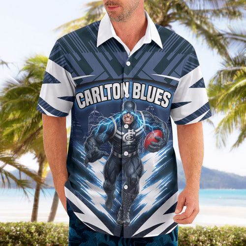 Personalised Carlton Blues Football Hawaiian Shirt Superhero Comic Art Dark Geometric City