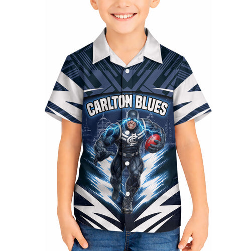 Personalised Carlton Blues Football Hawaiian Shirt Superhero Comic Art Dark Geometric City