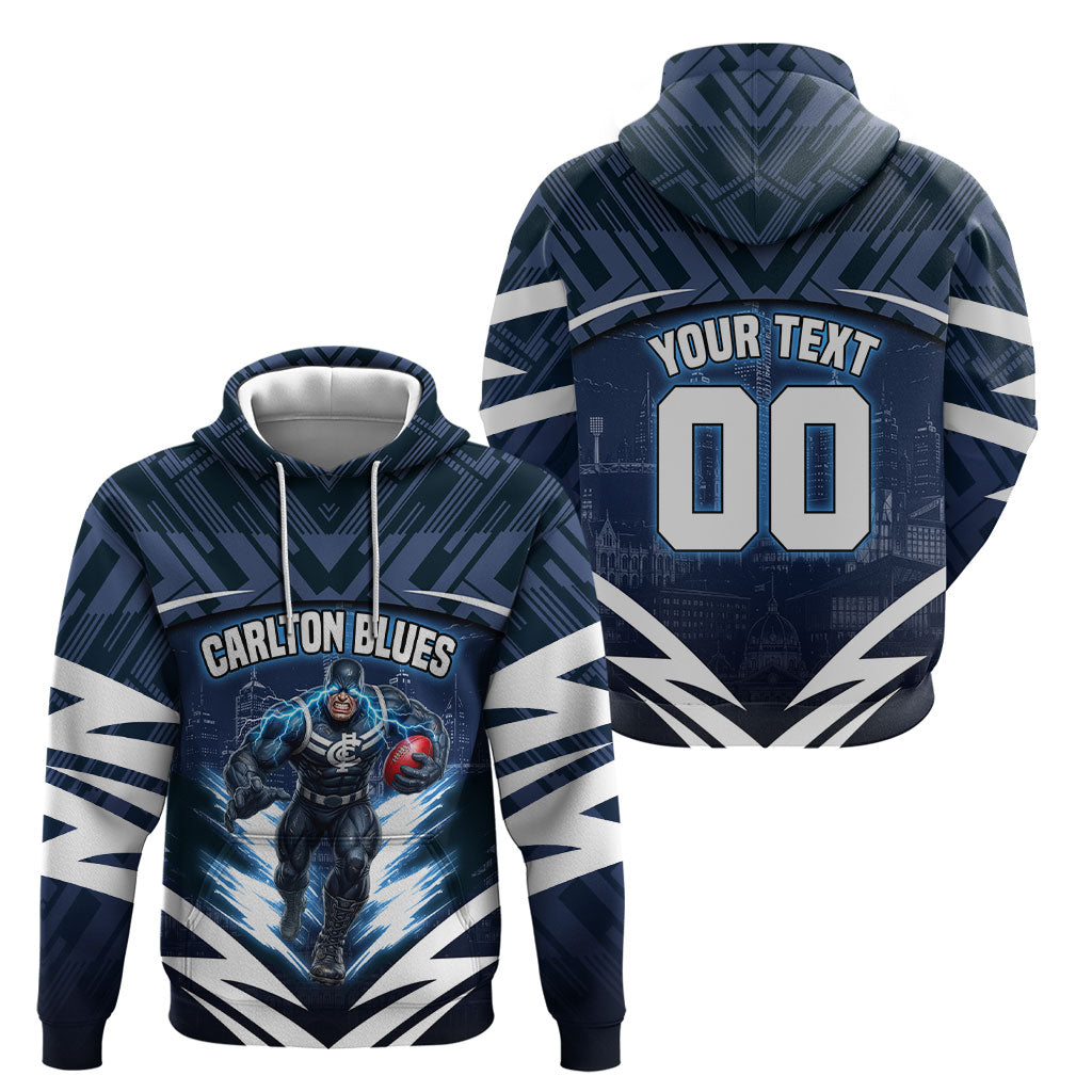 Personalised Carlton Blues Football Hoodie Superhero Comic Art Dark Geometric City