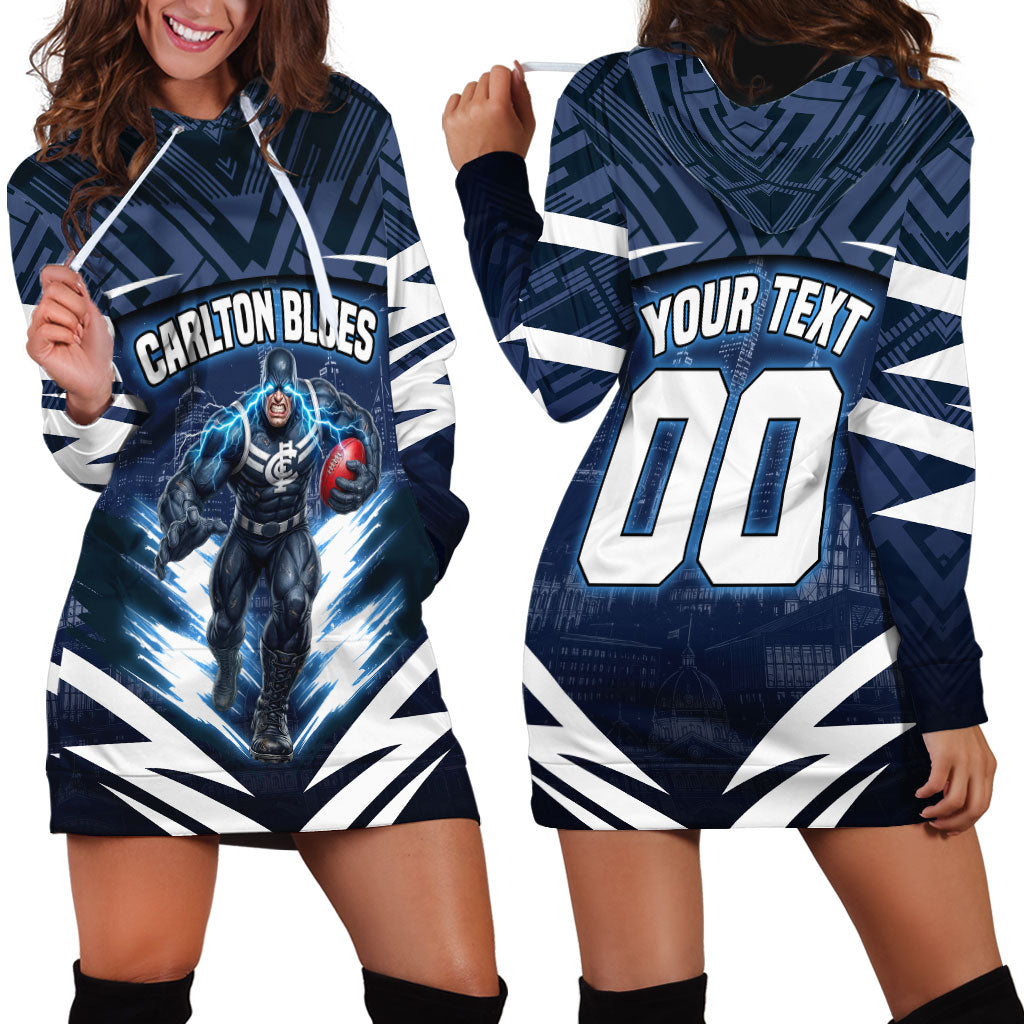 Personalised Carlton Blues Football Hoodie Dress Superhero Comic Art Dark Geometric City