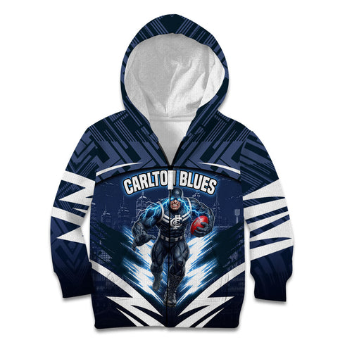 Personalised Carlton Blues Football Kid Hoodie Superhero Comic Art Dark Geometric City