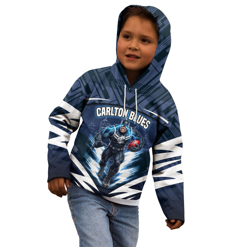 Personalised Carlton Blues Football Kid Hoodie Superhero Comic Art Dark Geometric City