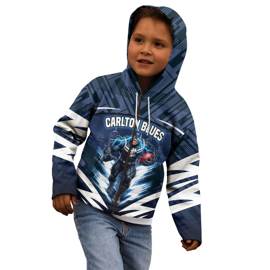 Personalised Carlton Blues Football Kid Hoodie Superhero Comic Art Dark Geometric City