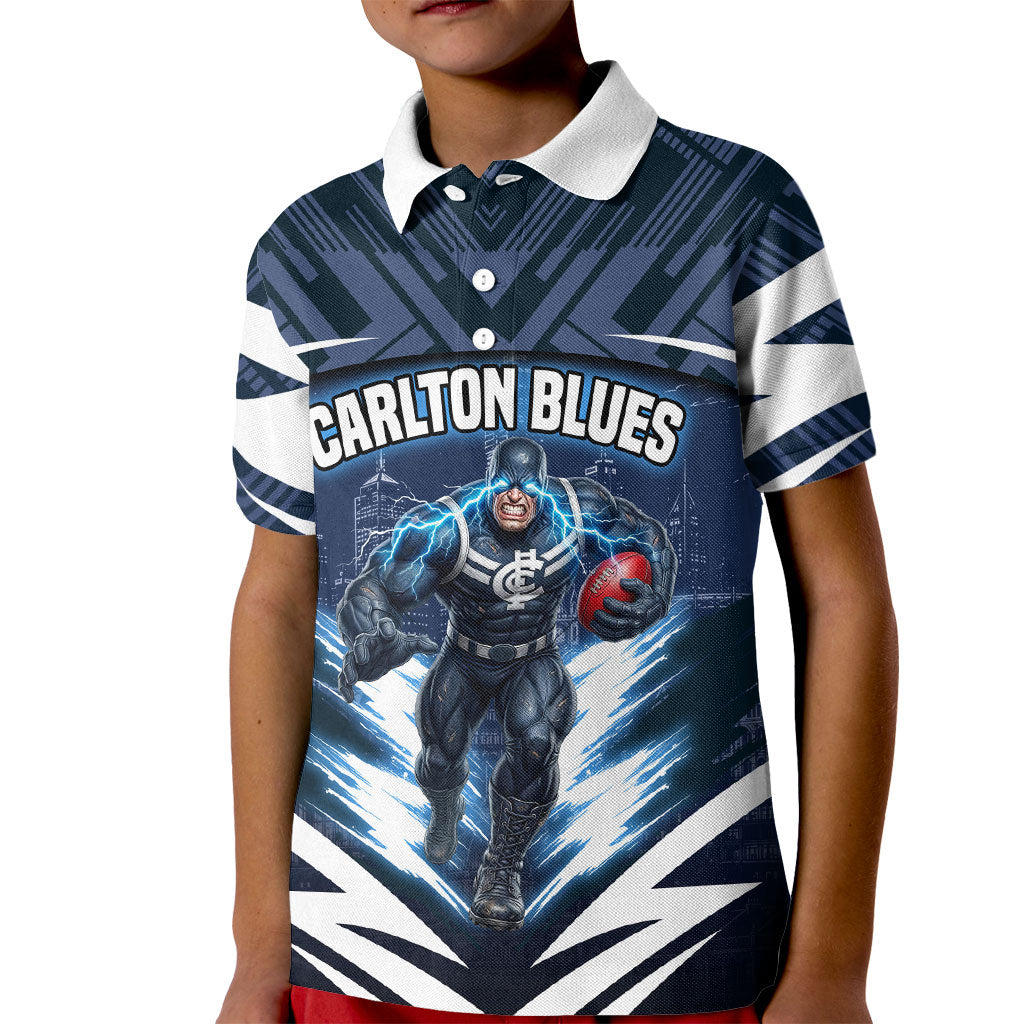 Personalised Carlton Blues Football Kid Polo Shirt Superhero Comic Art Dark Geometric City