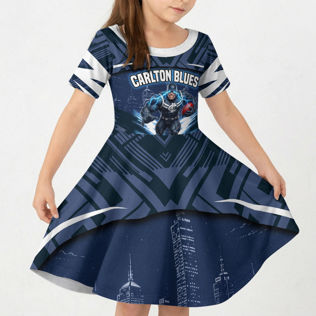 Personalised Carlton Blues Football Kid Short Sleeve Dress Superhero Comic Art Dark Geometric City