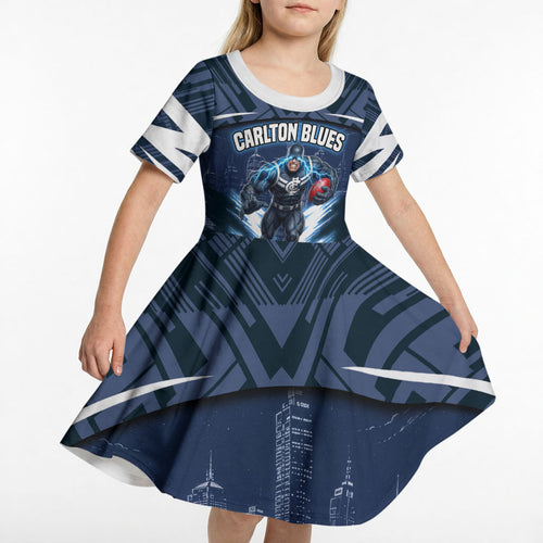 Personalised Carlton Blues Football Kid Short Sleeve Dress Superhero Comic Art Dark Geometric City