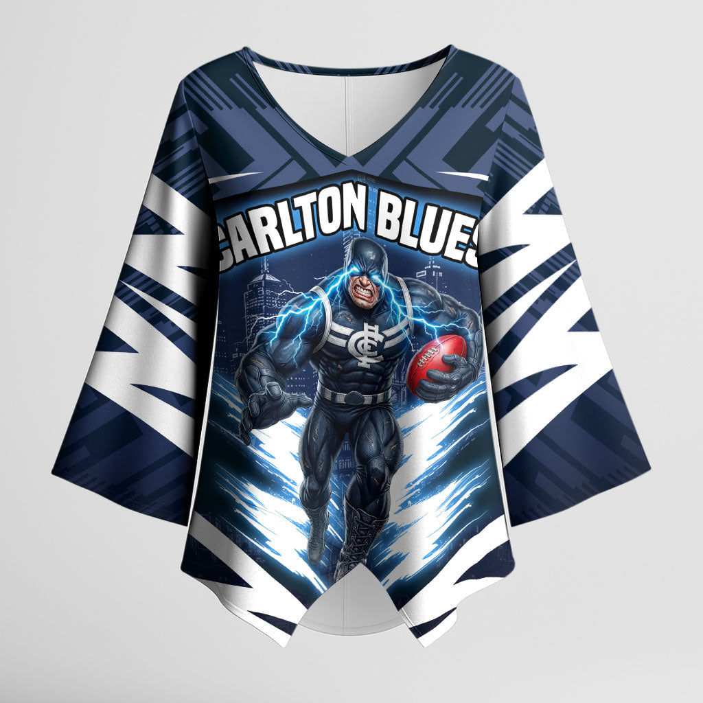 Personalised Carlton Blues Football Kimono Sleeve Blouse Superhero Comic Art Dark Geometric City