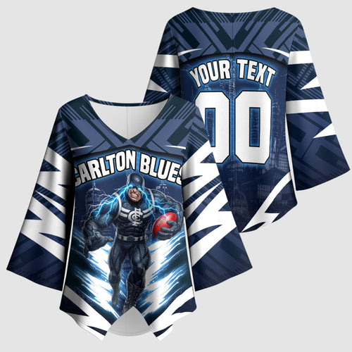 Personalised Carlton Blues Football Kimono Sleeve Blouse Superhero Comic Art Dark Geometric City