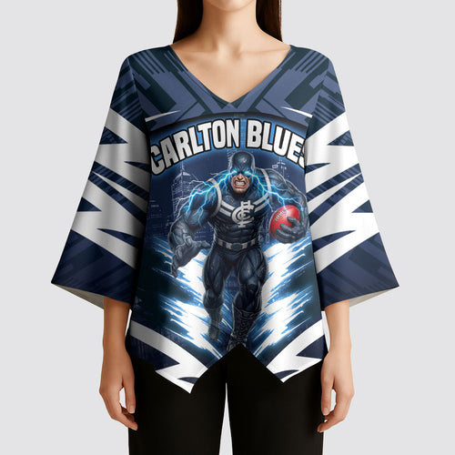 Personalised Carlton Blues Football Kimono Sleeve Blouse Superhero Comic Art Dark Geometric City