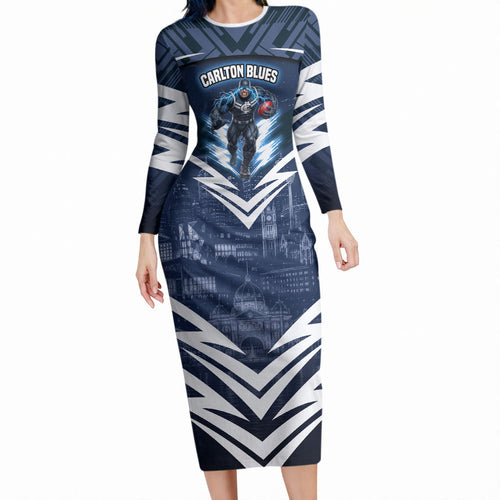 Personalised Carlton Blues Football Long Sleeve Bodycon Dress Superhero Comic Art Dark Geometric City