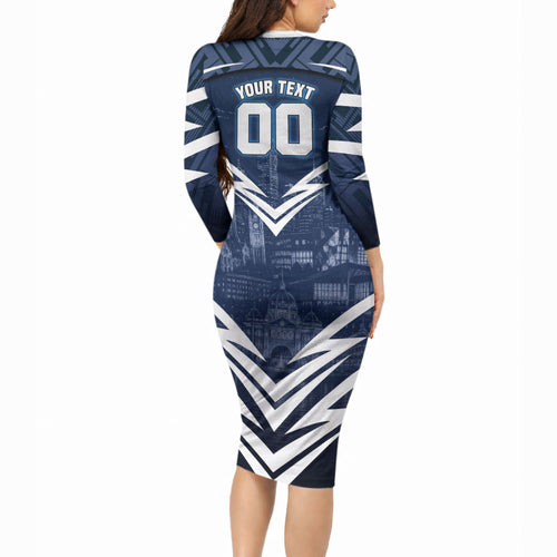 Personalised Carlton Blues Football Long Sleeve Bodycon Dress Superhero Comic Art Dark Geometric City