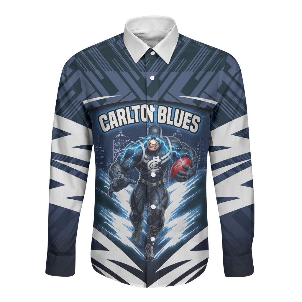 Personalised Carlton Blues Football Long Sleeve Button Shirt Superhero Comic Art Dark Geometric City