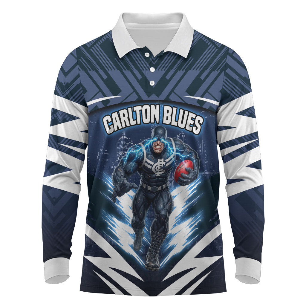 Personalised Carlton Blues Football Long Sleeve Polo Shirt Superhero Comic Art Dark Geometric City